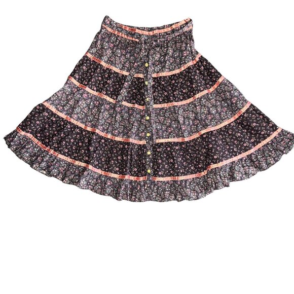 VTG Gunne Sax Black Romantic Floral Print Pink Ribbon Tiered Prairie Skirt sz 10 - Picture 1 of 9